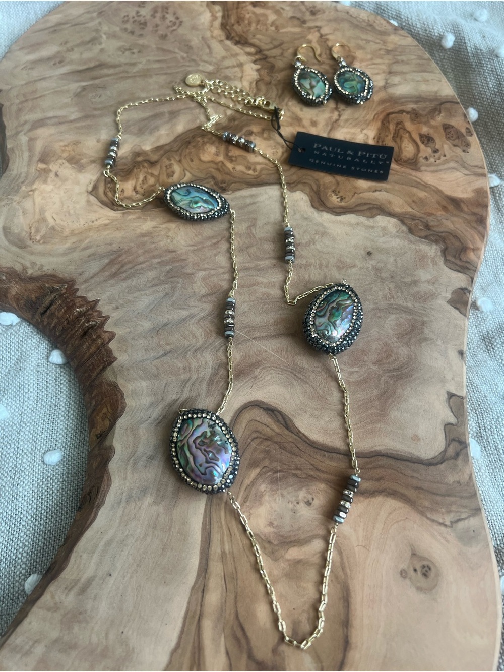 Abalone and Hematite Necklace and Earring Set in Green Gold nwt